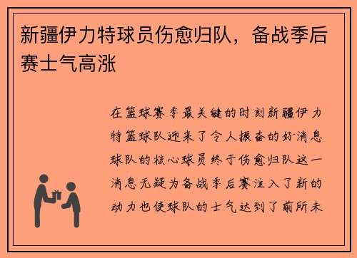 新疆伊力特球员伤愈归队，备战季后赛士气高涨
