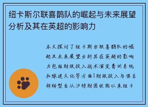 纽卡斯尔联喜鹊队的崛起与未来展望分析及其在英超的影响力