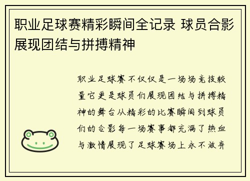 职业足球赛精彩瞬间全记录 球员合影展现团结与拼搏精神