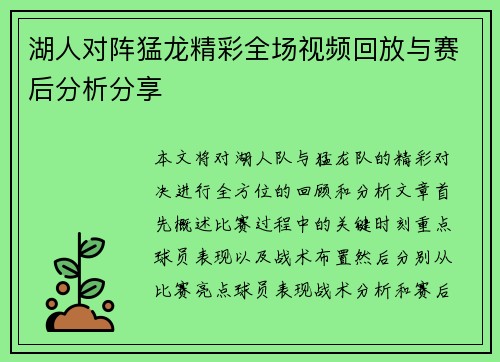 湖人对阵猛龙精彩全场视频回放与赛后分析分享