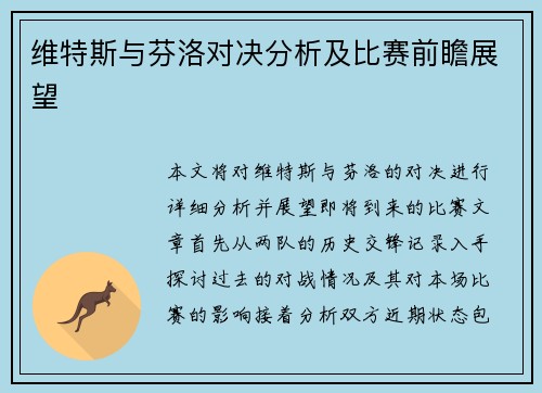 维特斯与芬洛对决分析及比赛前瞻展望