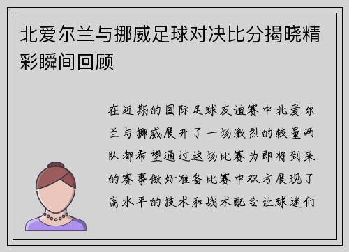 北爱尔兰与挪威足球对决比分揭晓精彩瞬间回顾