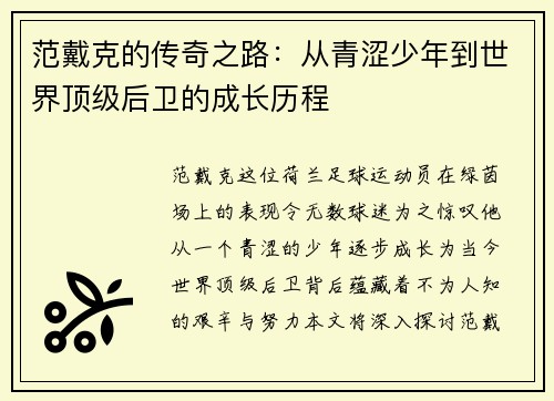 范戴克的传奇之路：从青涩少年到世界顶级后卫的成长历程