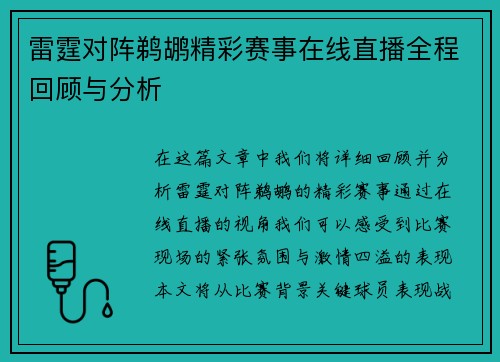 雷霆对阵鹈鹕精彩赛事在线直播全程回顾与分析