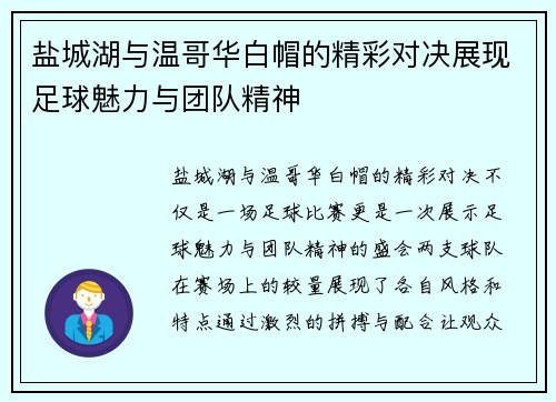 盐城湖与温哥华白帽的精彩对决展现足球魅力与团队精神
