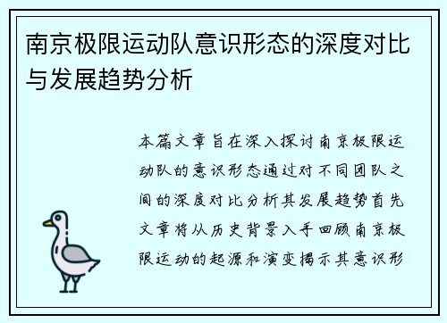 南京极限运动队意识形态的深度对比与发展趋势分析